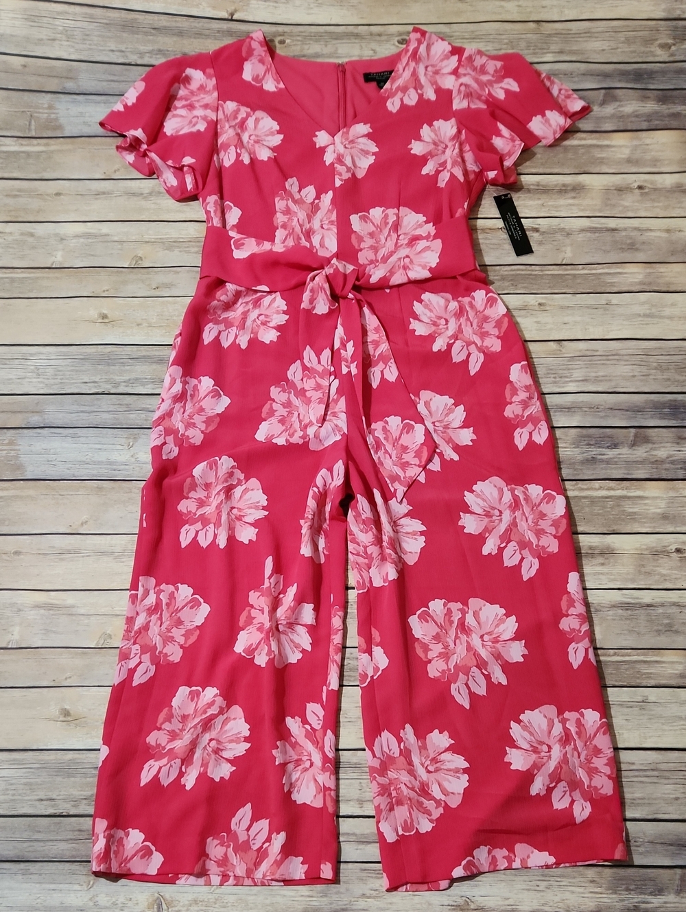 Tahari Hot Pink Peony Flower Print Short Sleeve Zip-Up Jumpsuit Size 10P